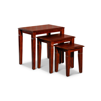 Benjara 3 Piece Nesting Side Accent Table Set, Sleek Carved Cherry Brown Wood