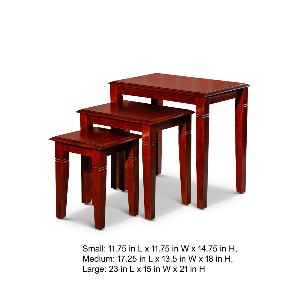 Benjara 3 Piece Nesting Side Accent Table Set, Sleek Carved Cherry Brown Wood