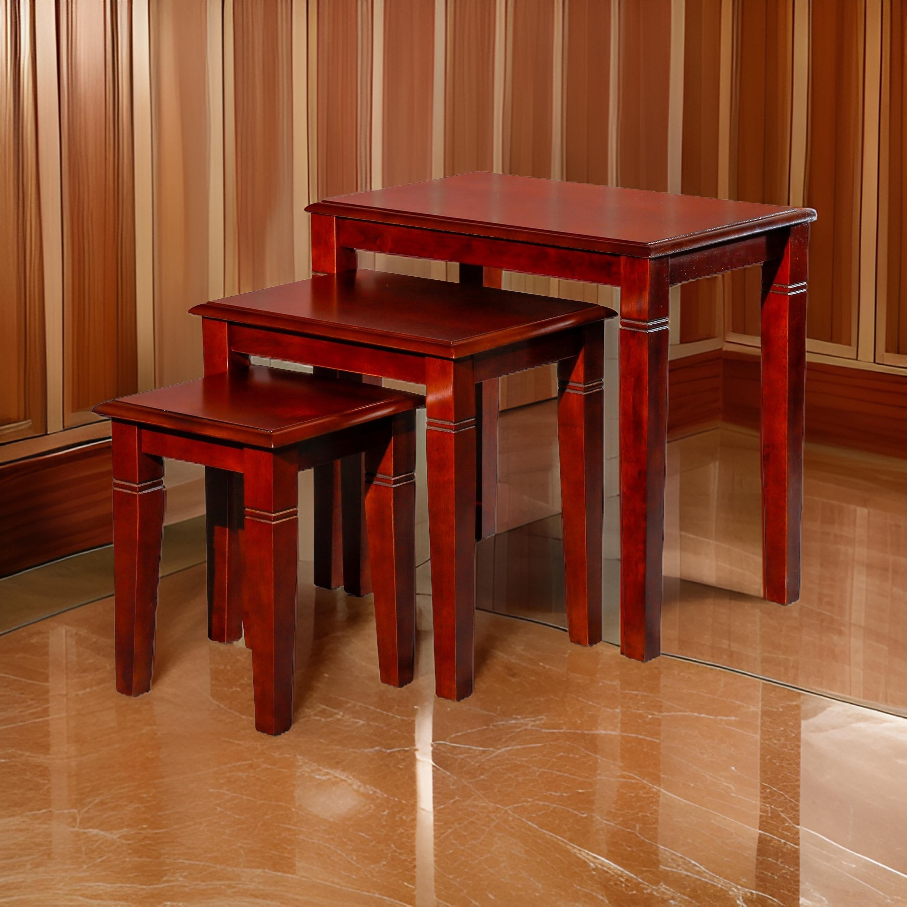 Benjara 3 Piece Nesting Side Accent Table Set, Sleek Carved Cherry Brown Wood