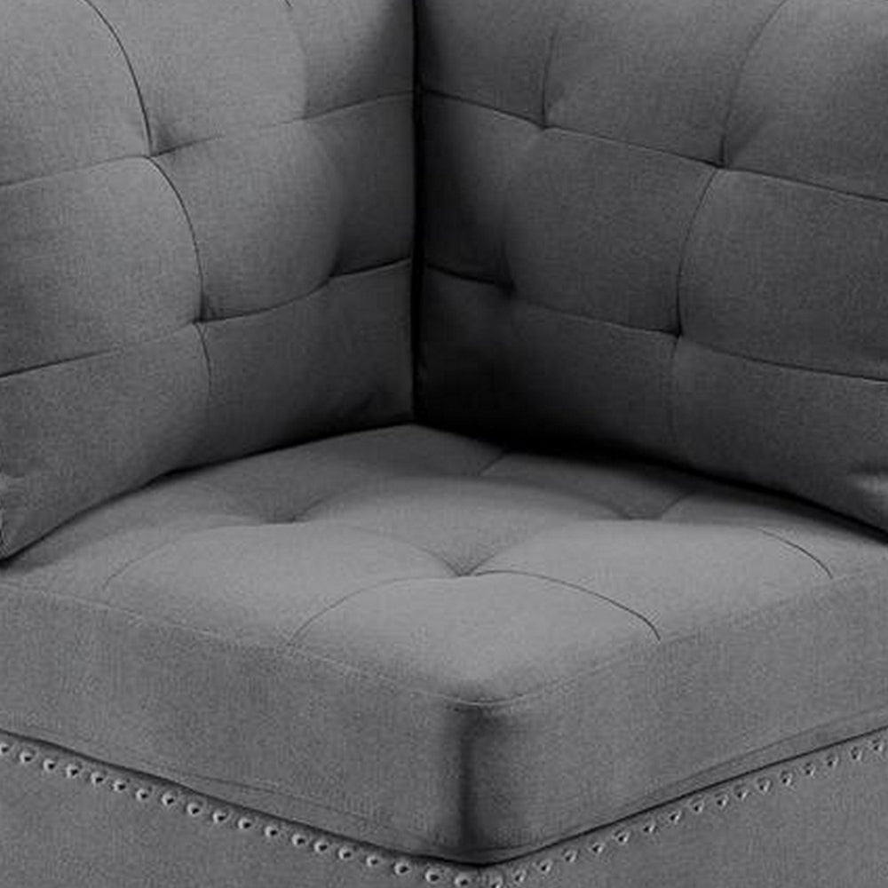 Benjara Lemy 32 Inch Modular Corner Sofa Chair, Tufted Gray Upholstery, Solid Wood