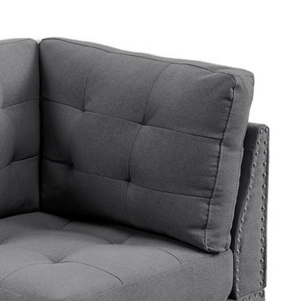 Benjara Lemy 32 Inch Modular Corner Sofa Chair, Tufted Gray Upholstery, Solid Wood