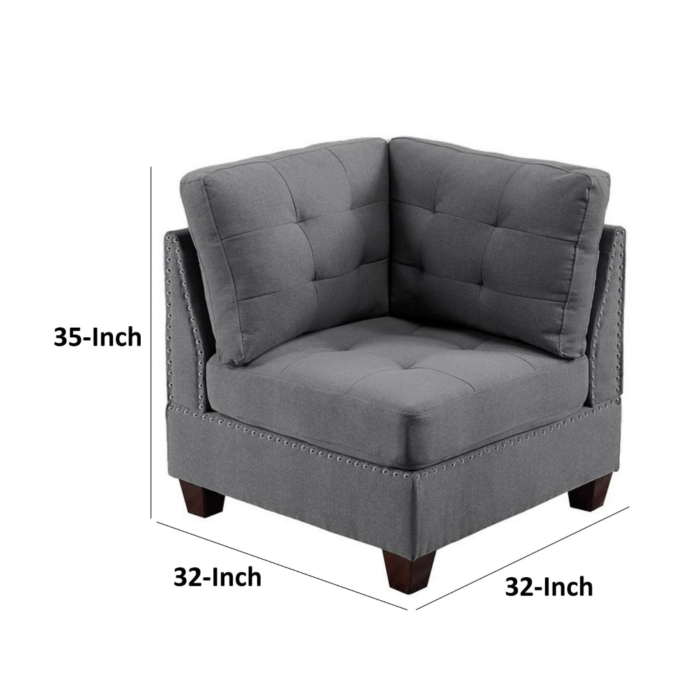 Benjara Lemy 32 Inch Modular Corner Sofa Chair, Tufted Gray Upholstery, Solid Wood