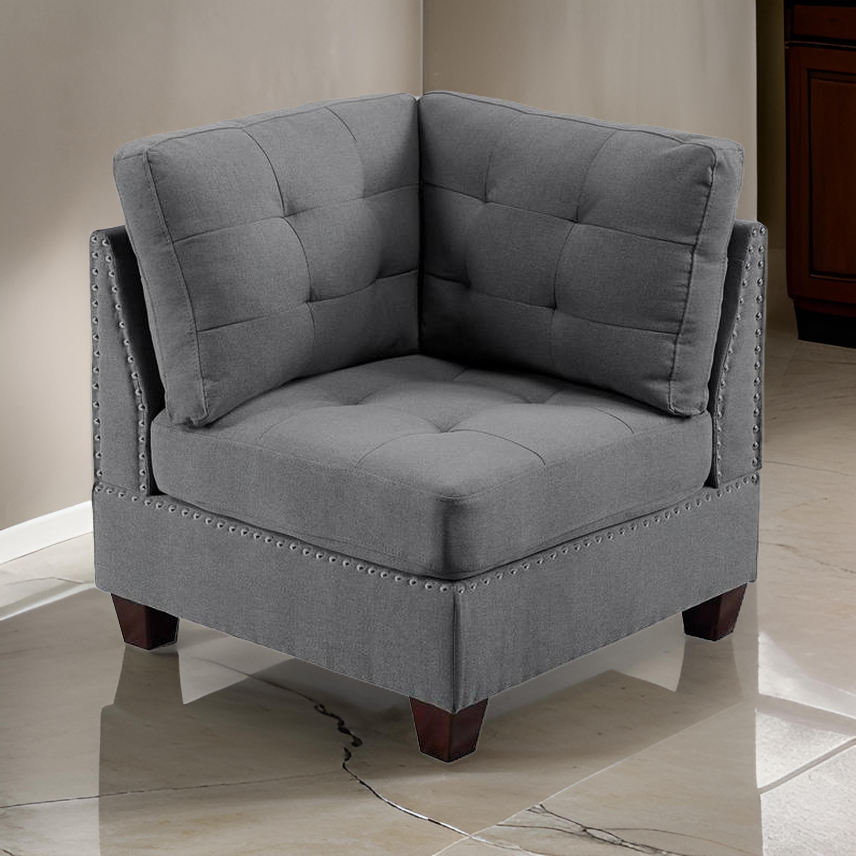 Benjara Lemy 32 Inch Modular Corner Sofa Chair, Tufted Gray Upholstery, Solid Wood