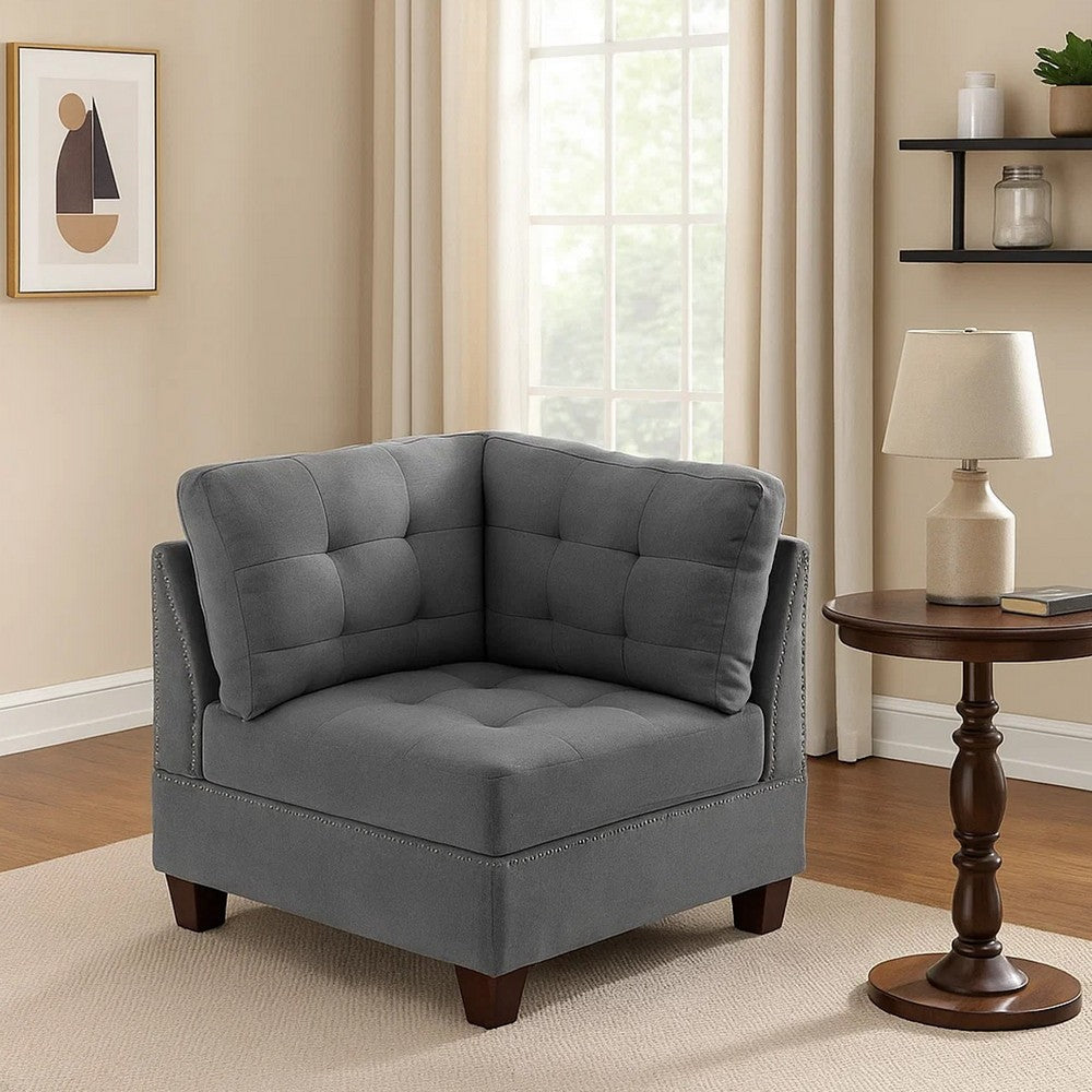 Benjara Lemy 32 Inch Modular Corner Sofa Chair, Tufted Gray Upholstery, Solid Wood