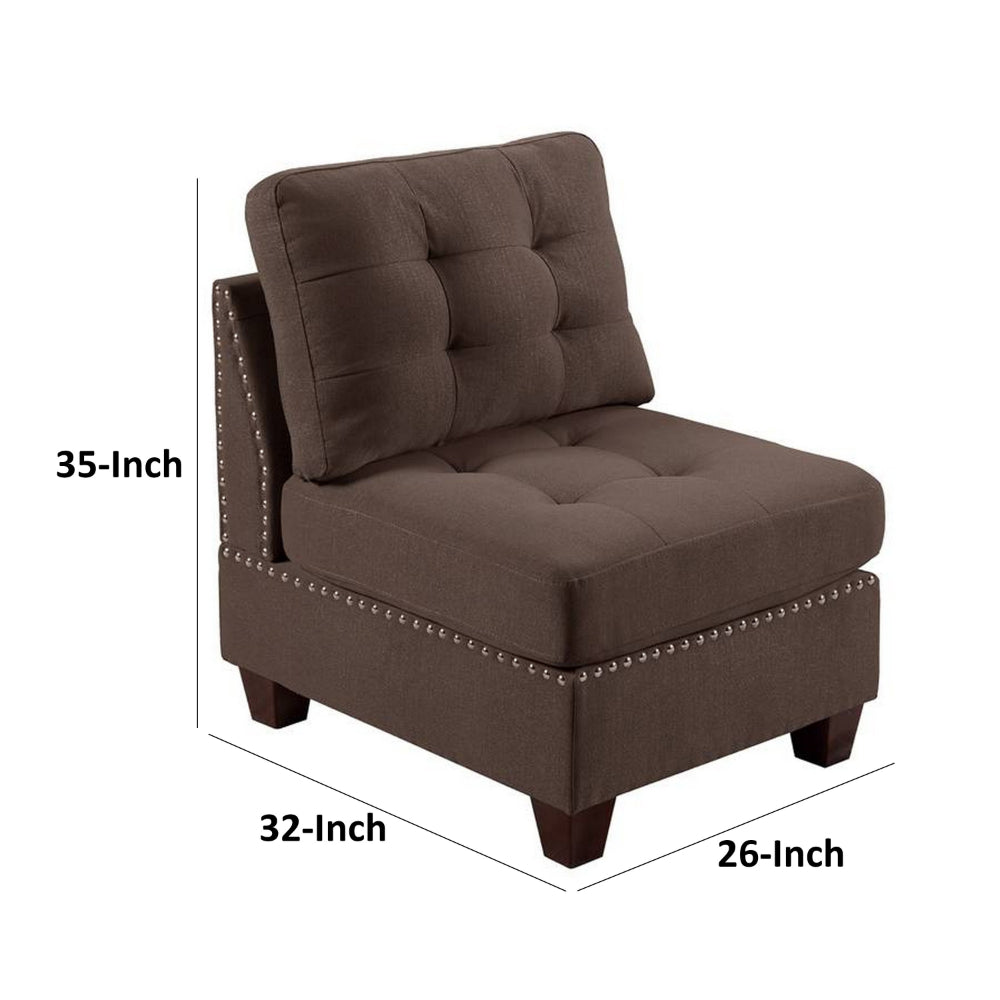 Benjara Lemy 32 Inch Modular Armless Sofa Chair, Tufted Brown Fabric, Solid Wood