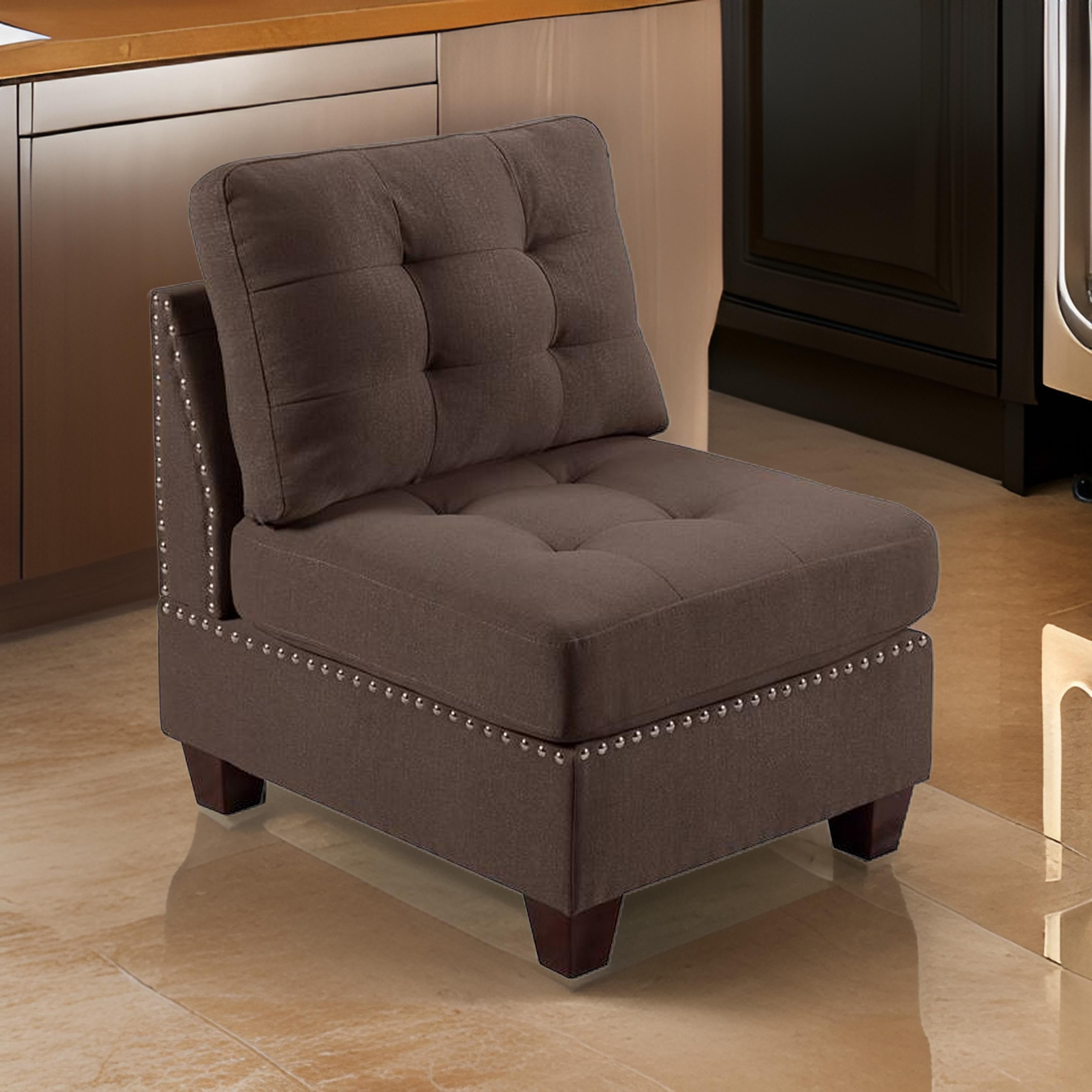 Benjara Lemy 32 Inch Modular Armless Sofa Chair, Tufted Brown Fabric, Solid Wood