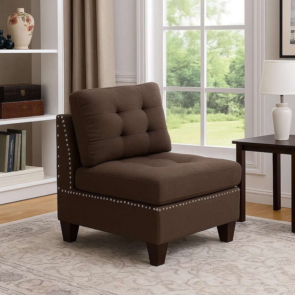 Benjara Lemy 32 Inch Modular Armless Sofa Chair, Tufted Brown Fabric, Solid Wood