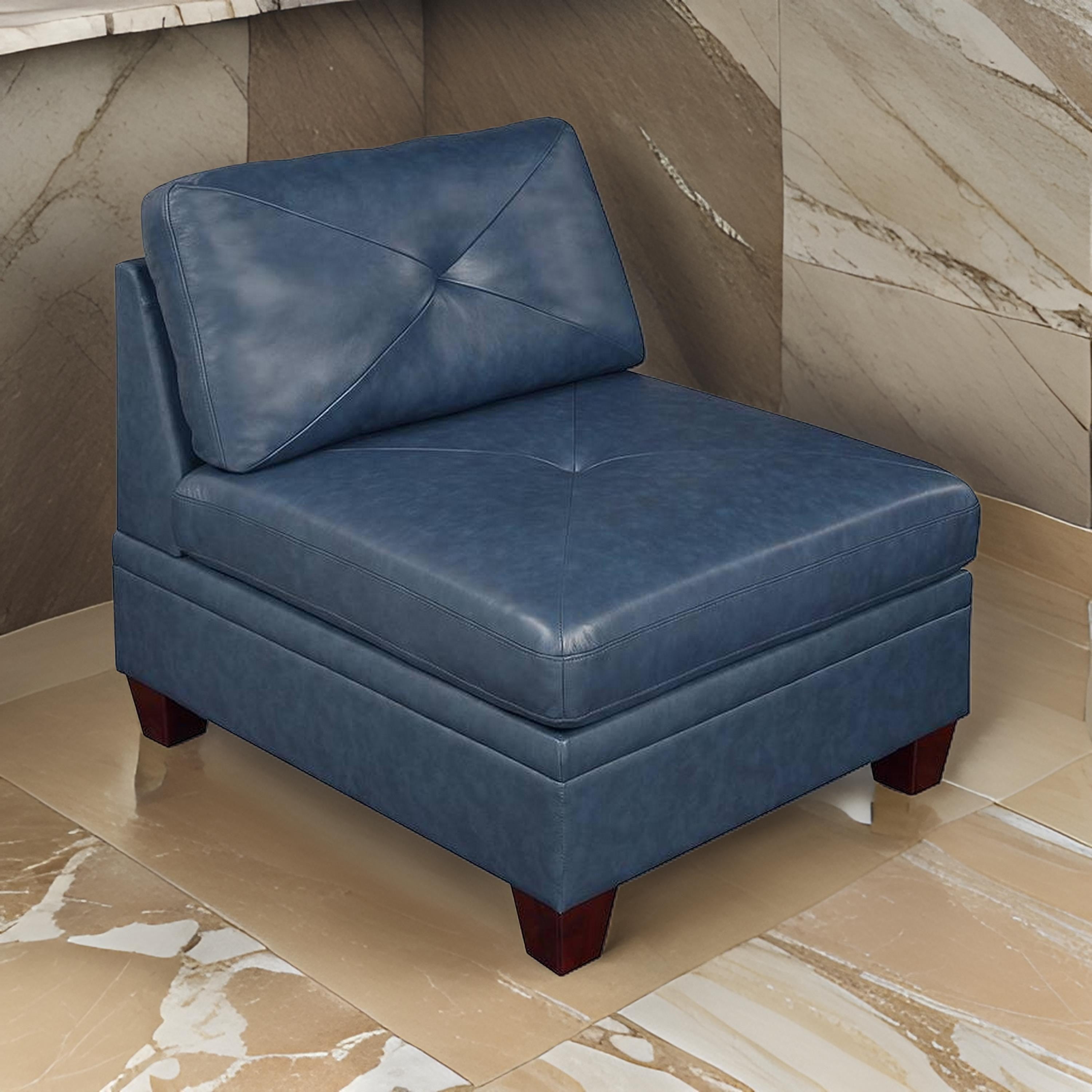 Benjara Samy 37 Inch Modular Armless Sofa Chair, Blue Faux Leather, Solid Wood