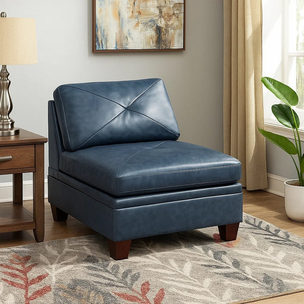 Benjara Samy 37 Inch Modular Armless Sofa Chair, Blue Faux Leather, Solid Wood