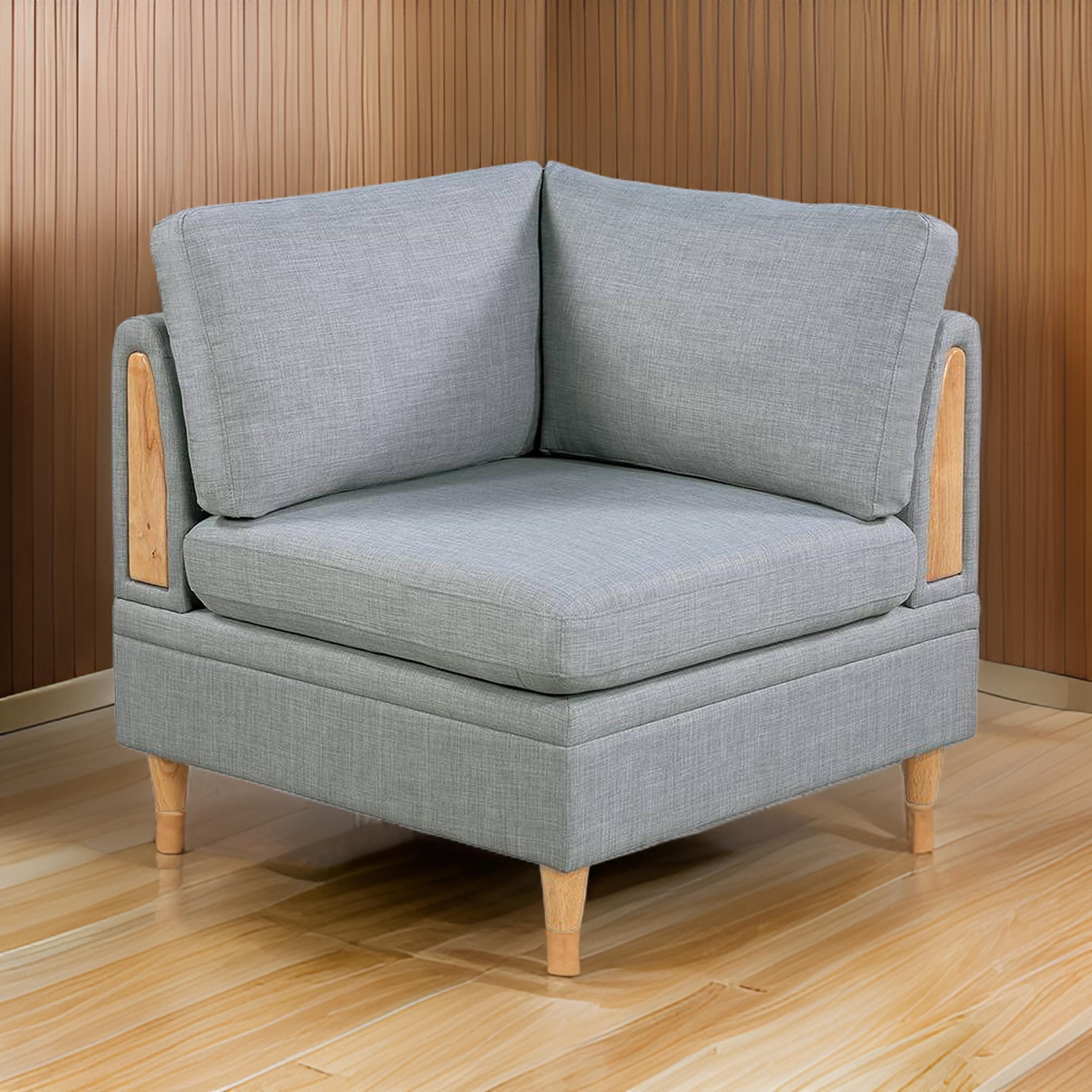 Benjara Gimy 37 Inch Modular Corner Sofa Chair, Light Gray Dorris Fabric, Wood
