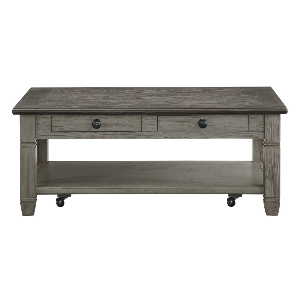 Benjara Rome 48 Inch Cocktail Table, 2 Drawers, Casters, Brown And Gray Solid Wood