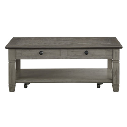 Benjara Rome 48 Inch Cocktail Table, 2 Drawers, Casters, Brown And Gray Solid Wood