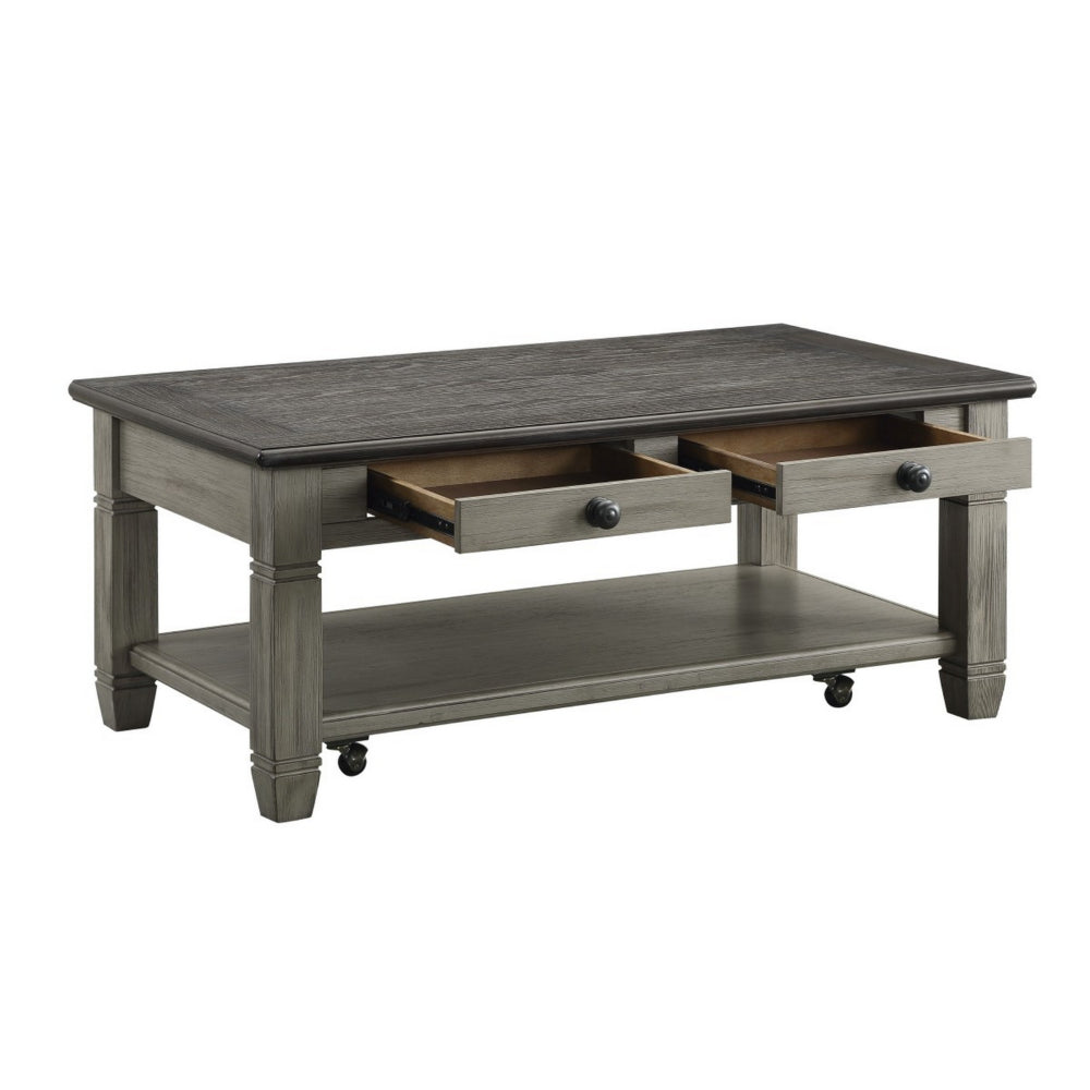 Benjara Rome 48 Inch Cocktail Table, 2 Drawers, Casters, Brown And Gray Solid Wood