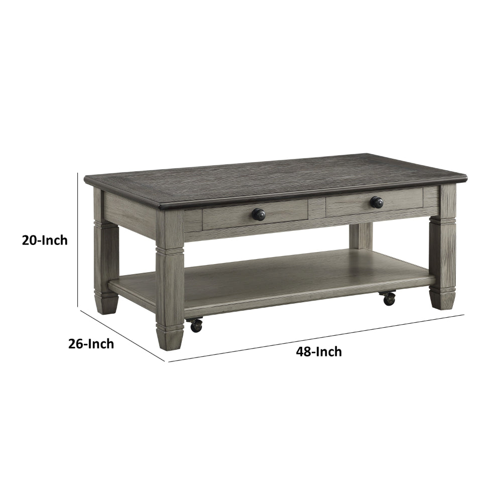 Benjara Rome 48 Inch Cocktail Table, 2 Drawers, Casters, Brown And Gray Solid Wood