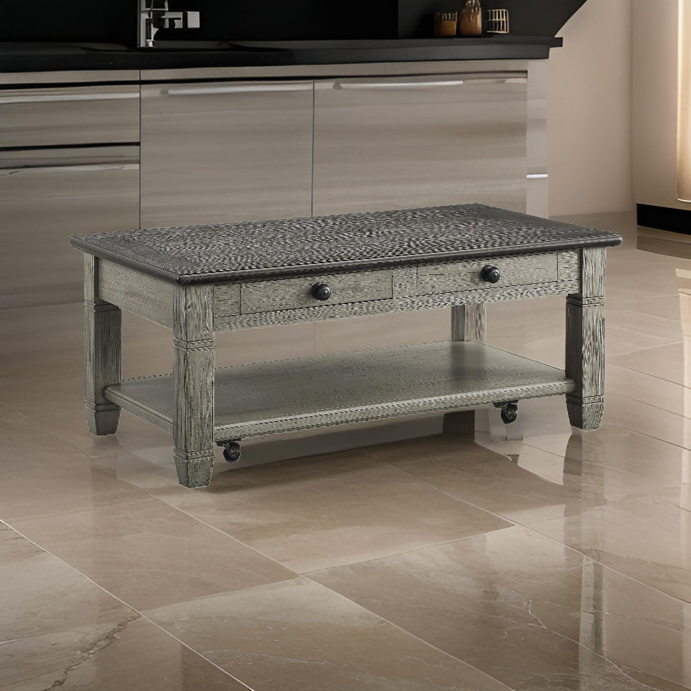 Benjara Rome 48 Inch Cocktail Table, 2 Drawers, Casters, Brown And Gray Solid Wood