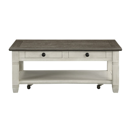 Benjara Rome 48 Inch Cocktail Coffee Table, 2 Drawers, White And Brown, Solid Wood