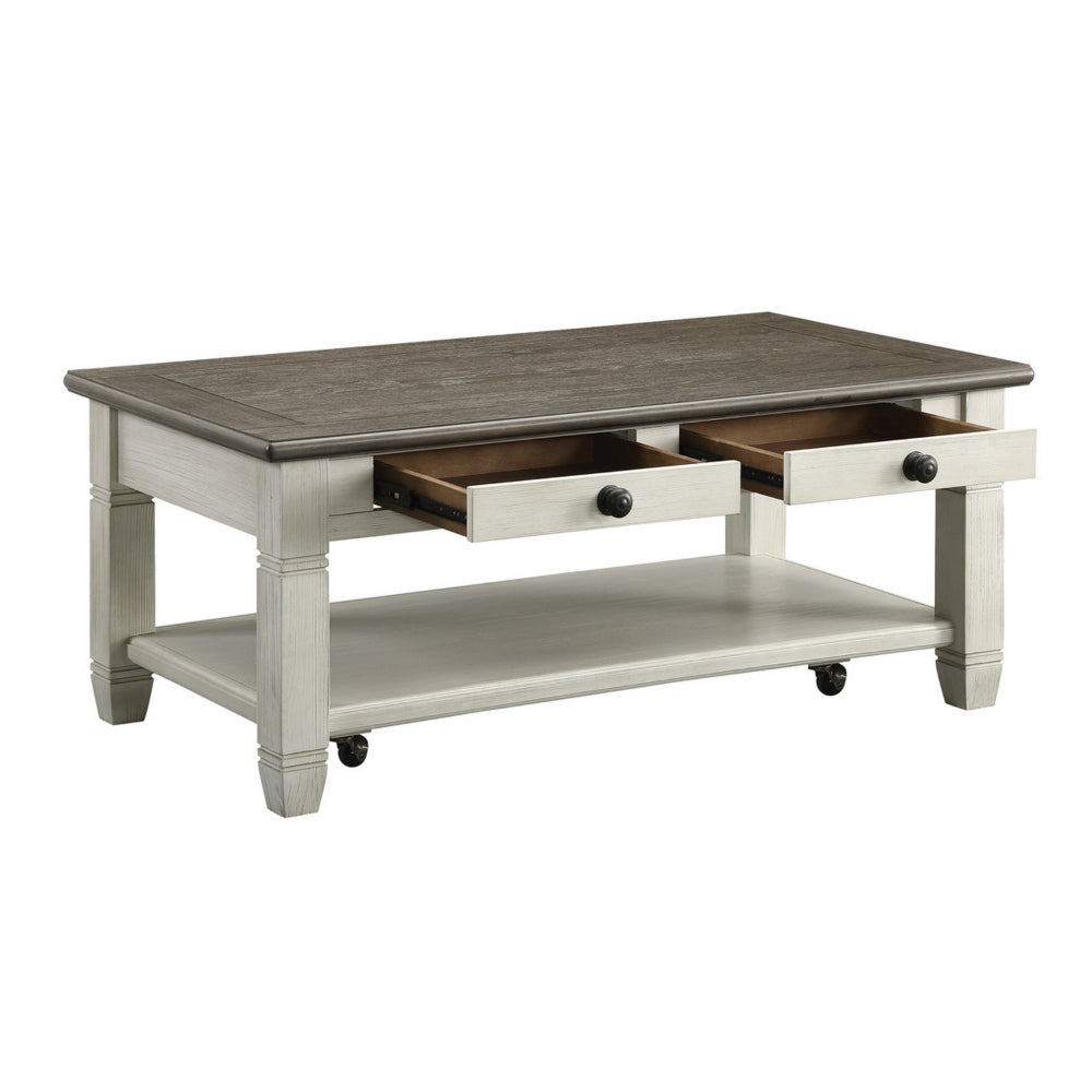 Benjara Rome 48 Inch Cocktail Coffee Table, 2 Drawers, White And Brown, Solid Wood