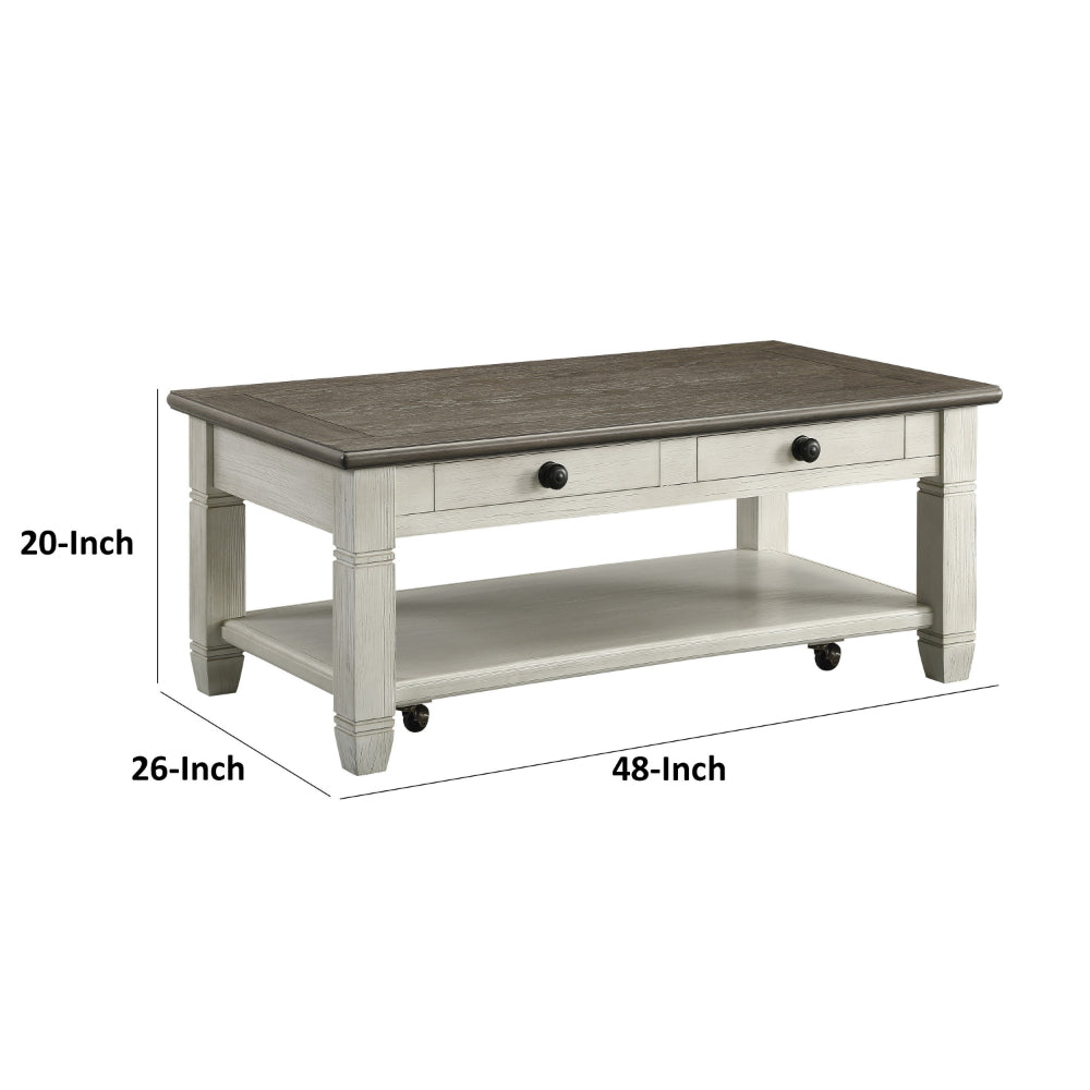 Benjara Rome 48 Inch Cocktail Coffee Table, 2 Drawers, White And Brown, Solid Wood