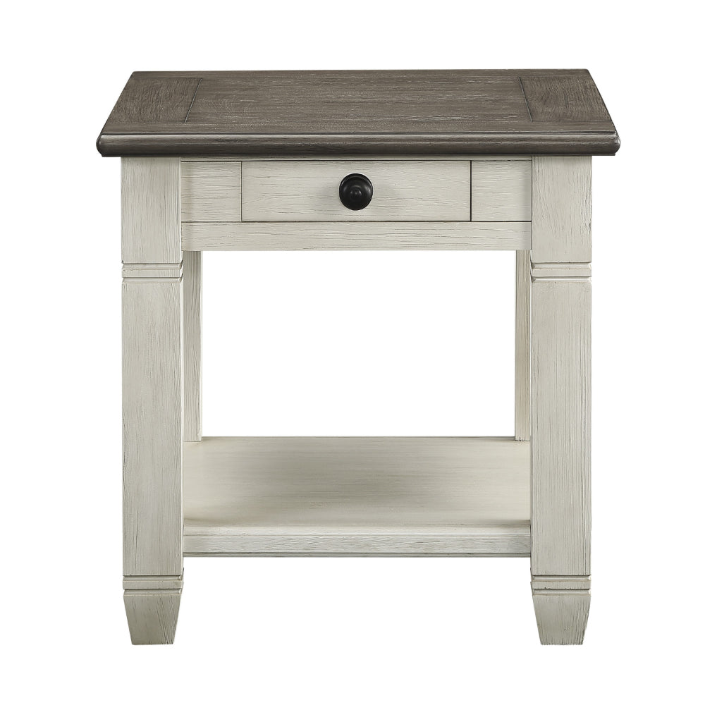 Benjara Rome 26 Inch Side End Table, Square, 1 Drawer, Brown, White, Solid Wood
