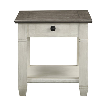 Benjara Rome 26 Inch Side End Table, Square, 1 Drawer, Brown, White, Solid Wood