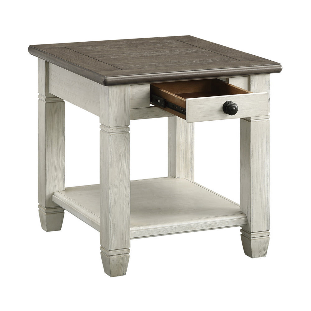 Benjara Rome 26 Inch Side End Table, Square, 1 Drawer, Brown, White, Solid Wood