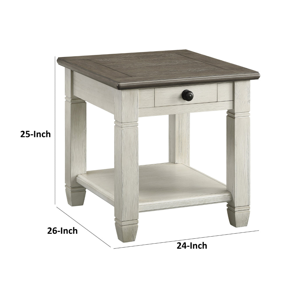 Benjara Rome 26 Inch Side End Table, Square, 1 Drawer, Brown, White, Solid Wood