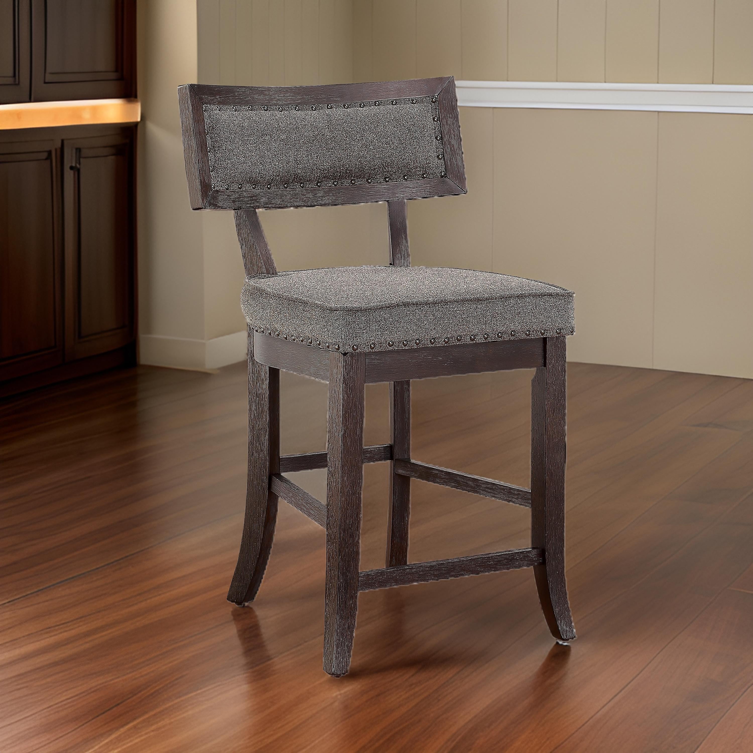 Benjara Shan 25 Inch Counter Height Chair, Nailhead Trim, Brown Wood, Set of 2