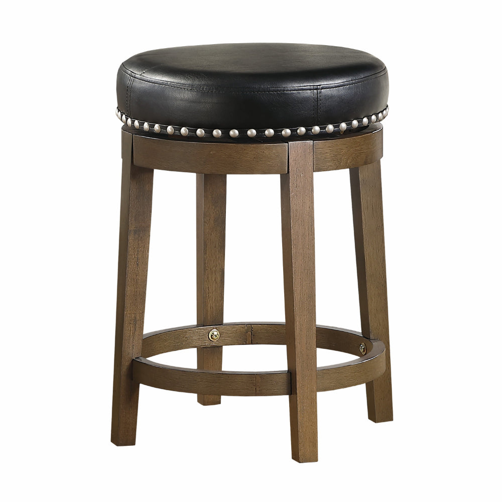 Benjara Bara 25 Inch Swivel Counter Stool, Black Round Faux Leather, Brown, Set of 2