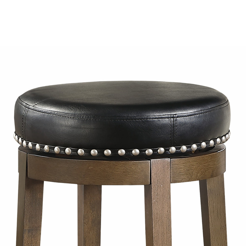 Benjara Bara 25 Inch Swivel Counter Stool, Black Round Faux Leather, Brown, Set of 2