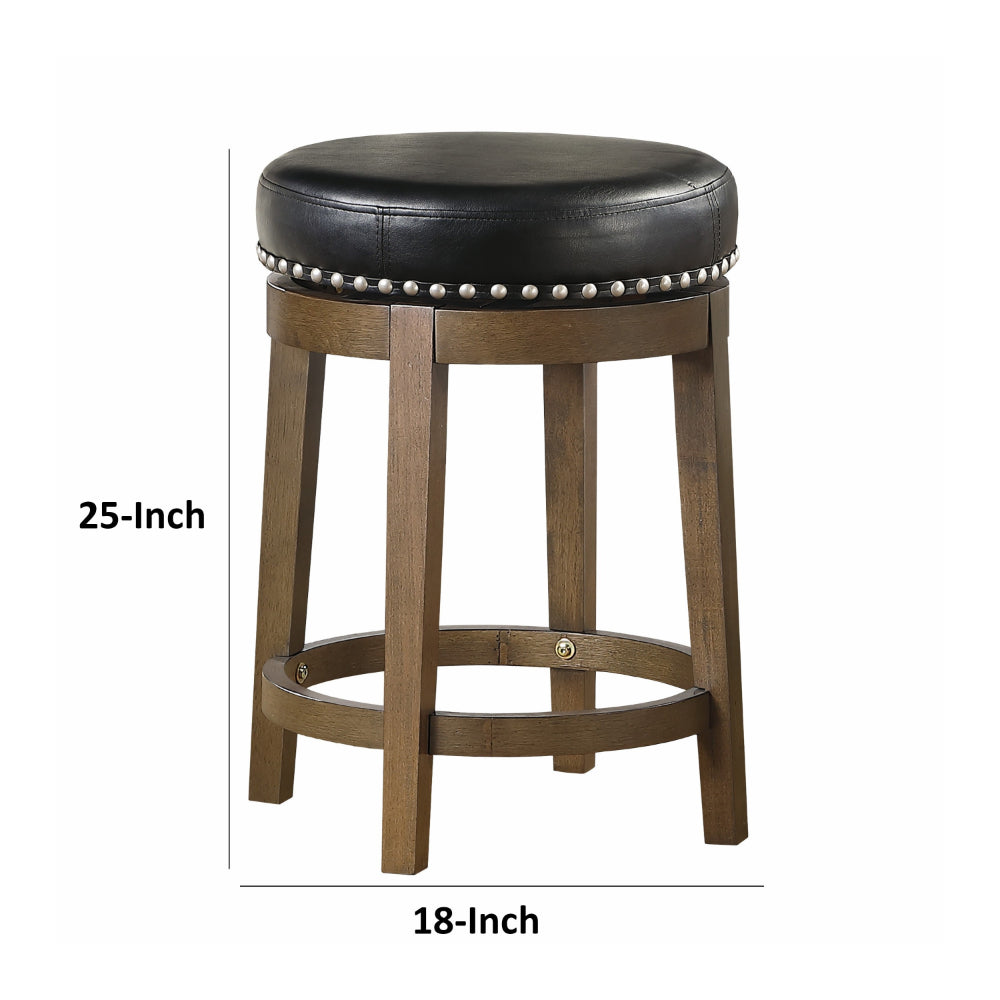 Benjara Bara 25 Inch Swivel Counter Stool, Black Round Faux Leather, Brown, Set of 2