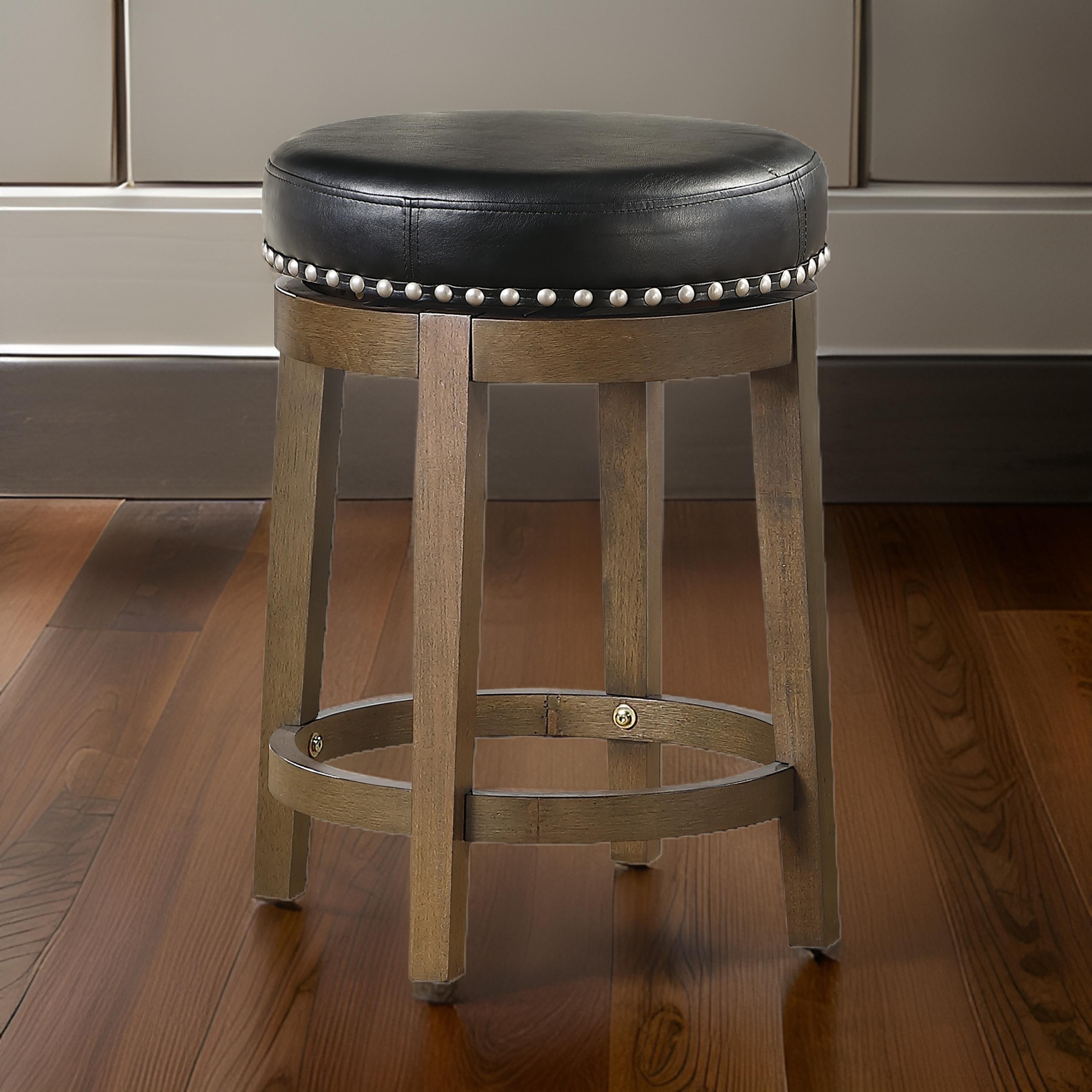 Benjara Bara 25 Inch Swivel Counter Stool, Black Round Faux Leather, Brown, Set of 2