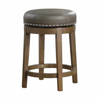 Benjara Bara 25 Inch Swivel Counter Stool Gray Round Faux Leather, Brown, Set of 2