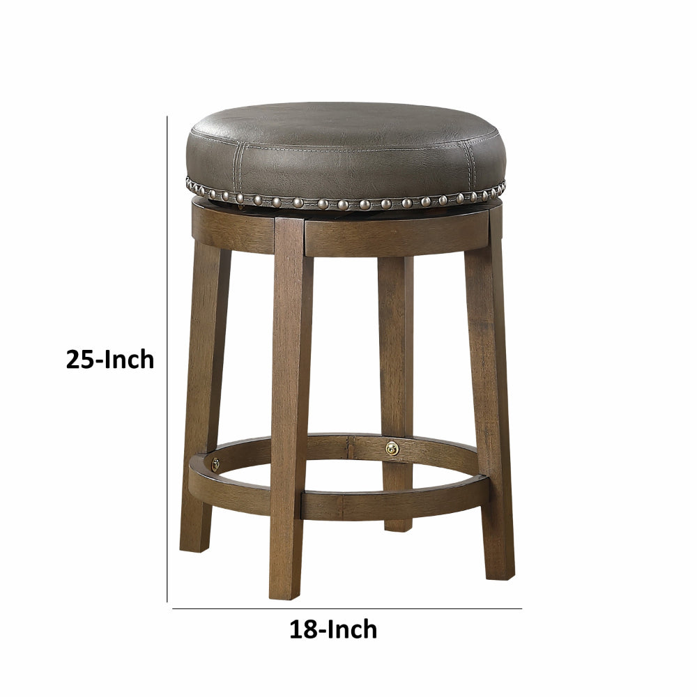 Benjara Bara 25 Inch Swivel Counter Stool Gray Round Faux Leather, Brown, Set of 2