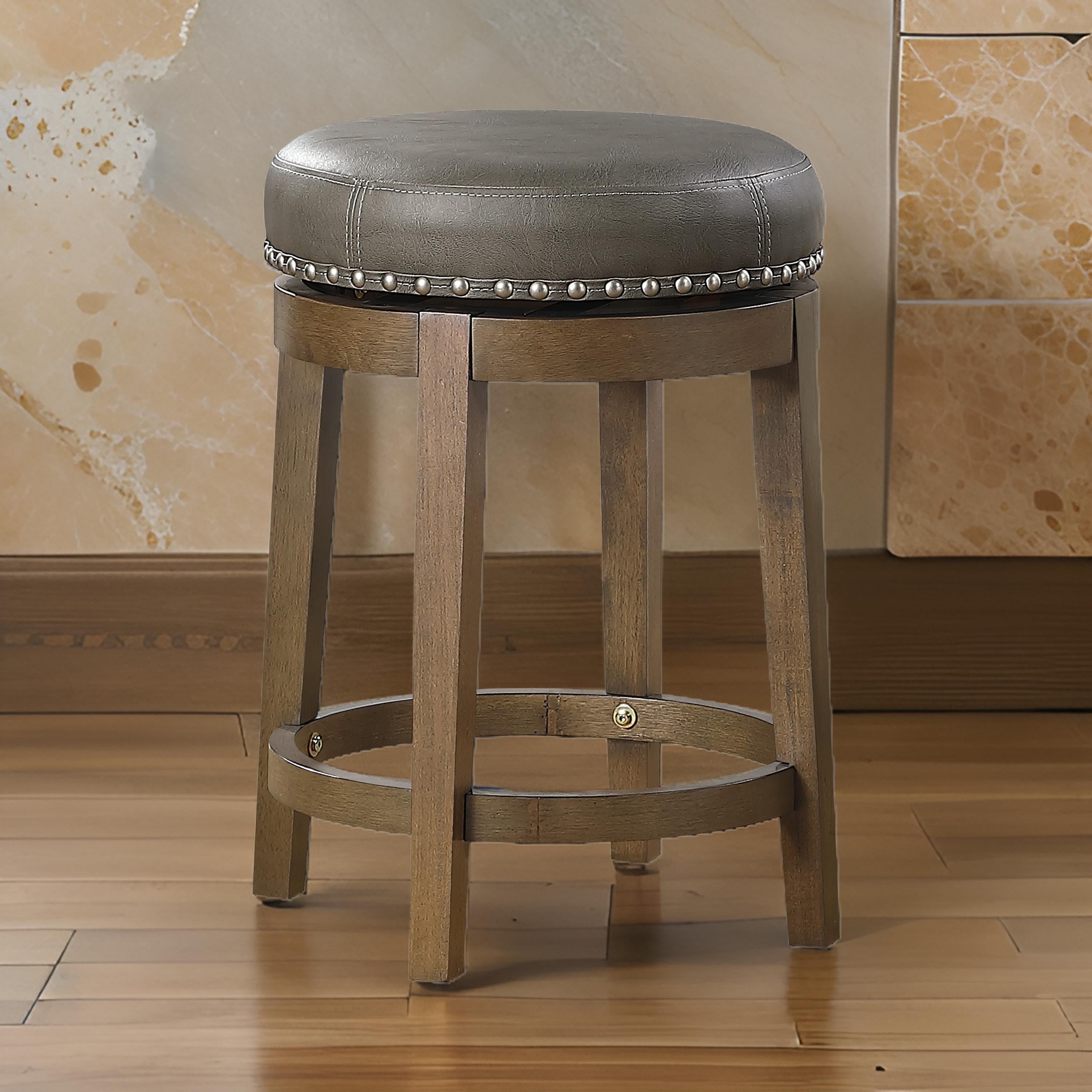 Benjara Bara 25 Inch Swivel Counter Stool Gray Round Faux Leather, Brown, Set of 2