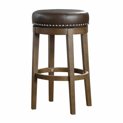 Benjara Bara 31 Inch Swivel Barstool, Brown Round Faux Leather Seat, Set of 2