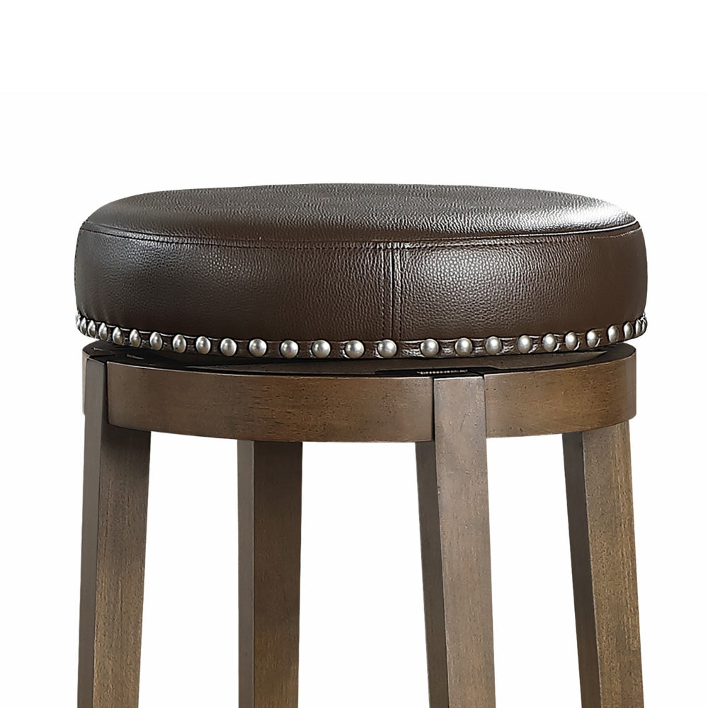 Benjara Bara 31 Inch Swivel Barstool, Brown Round Faux Leather Seat, Set of 2