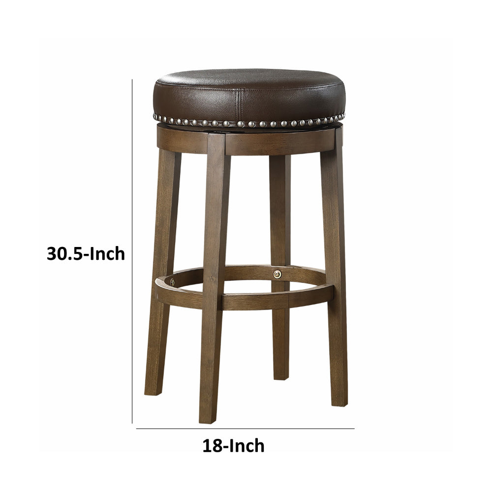 Benjara Bara 31 Inch Swivel Barstool, Brown Round Faux Leather Seat, Set of 2