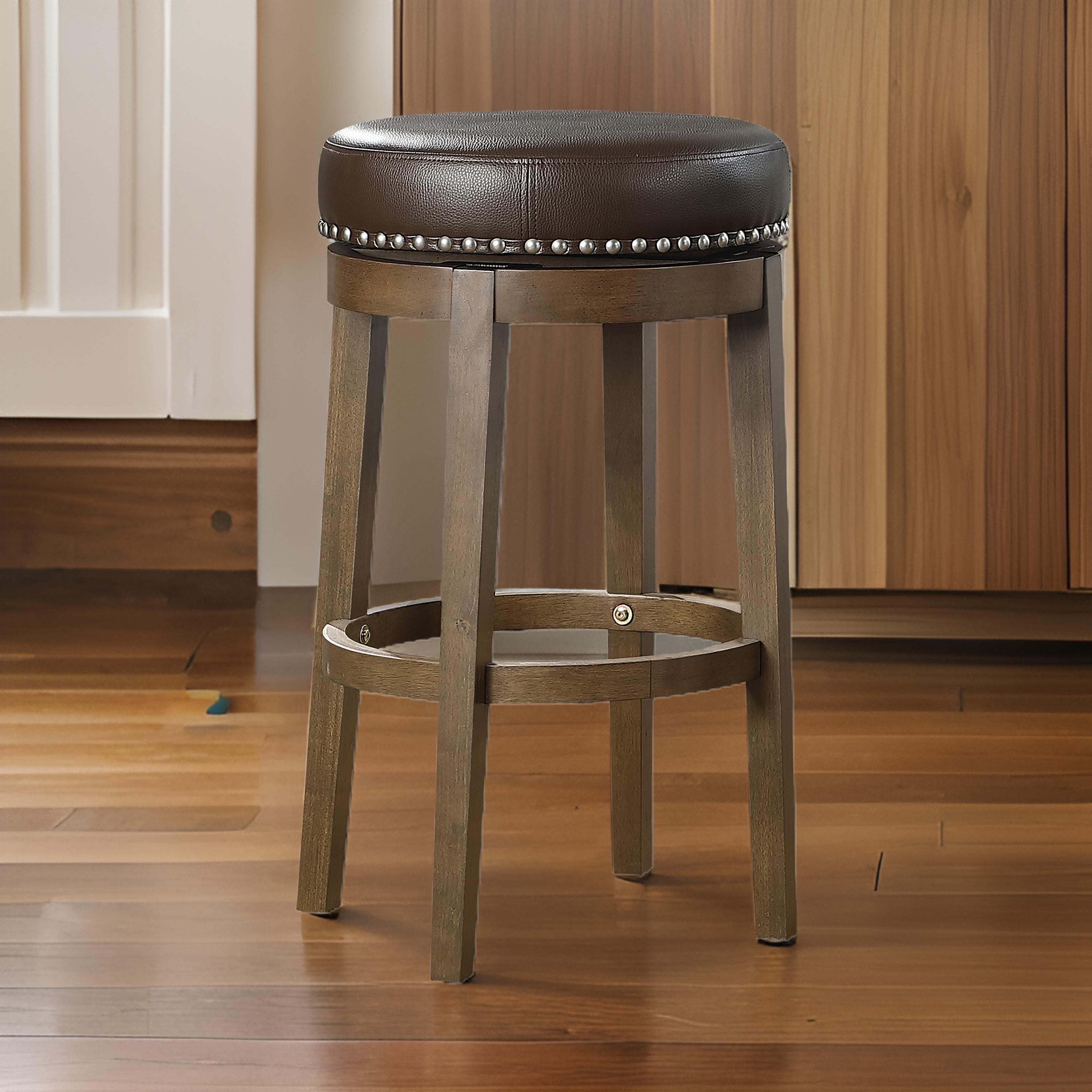 Benjara Bara 31 Inch Swivel Barstool, Brown Round Faux Leather Seat, Set of 2