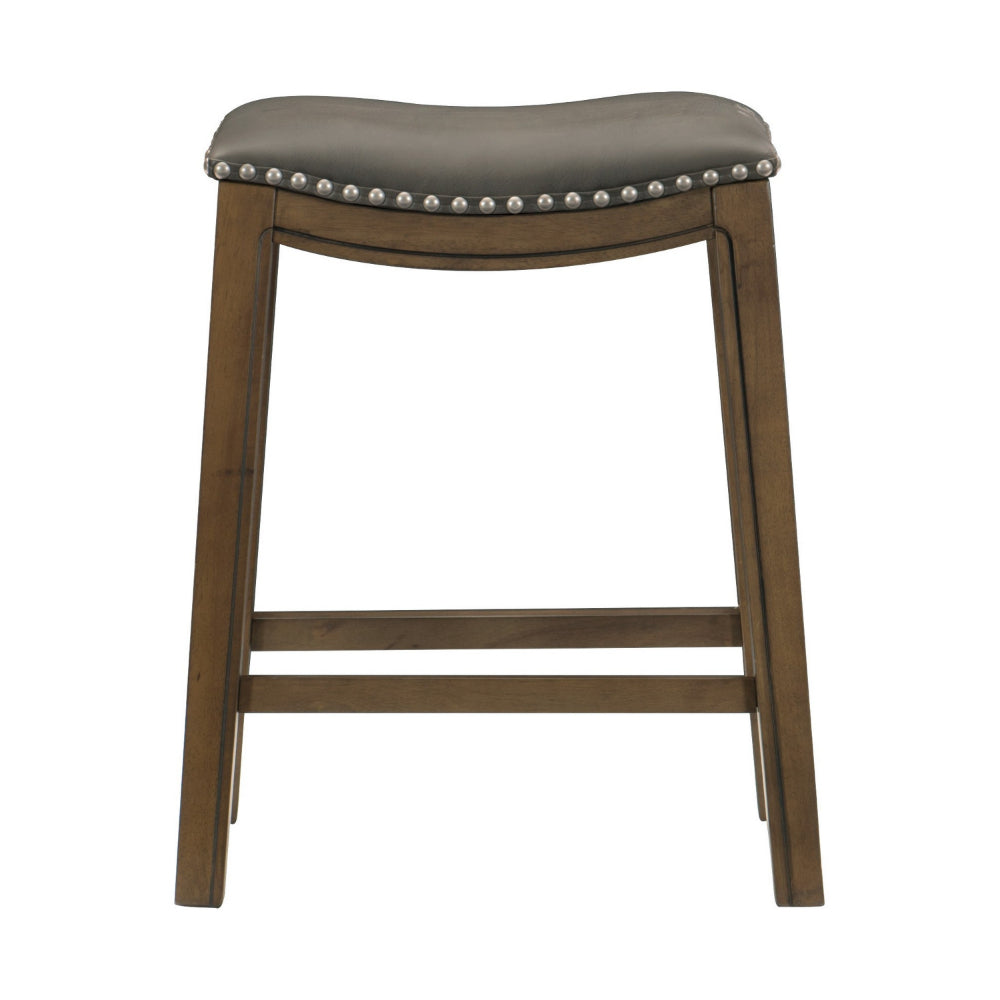 Benjara Miel 26 Inch Counter Height Stool, Gray Faux Leather Seat, Brown Solid Wood