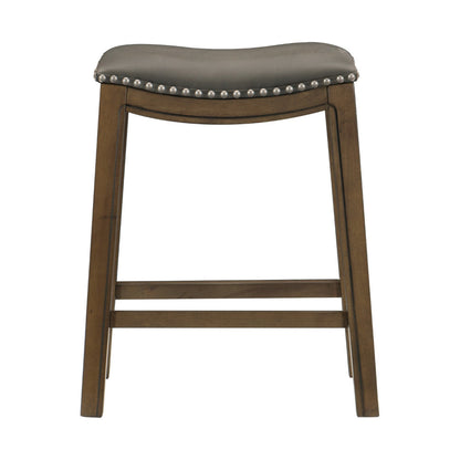 Benjara Miel 26 Inch Counter Height Stool, Gray Faux Leather Seat, Brown Solid Wood