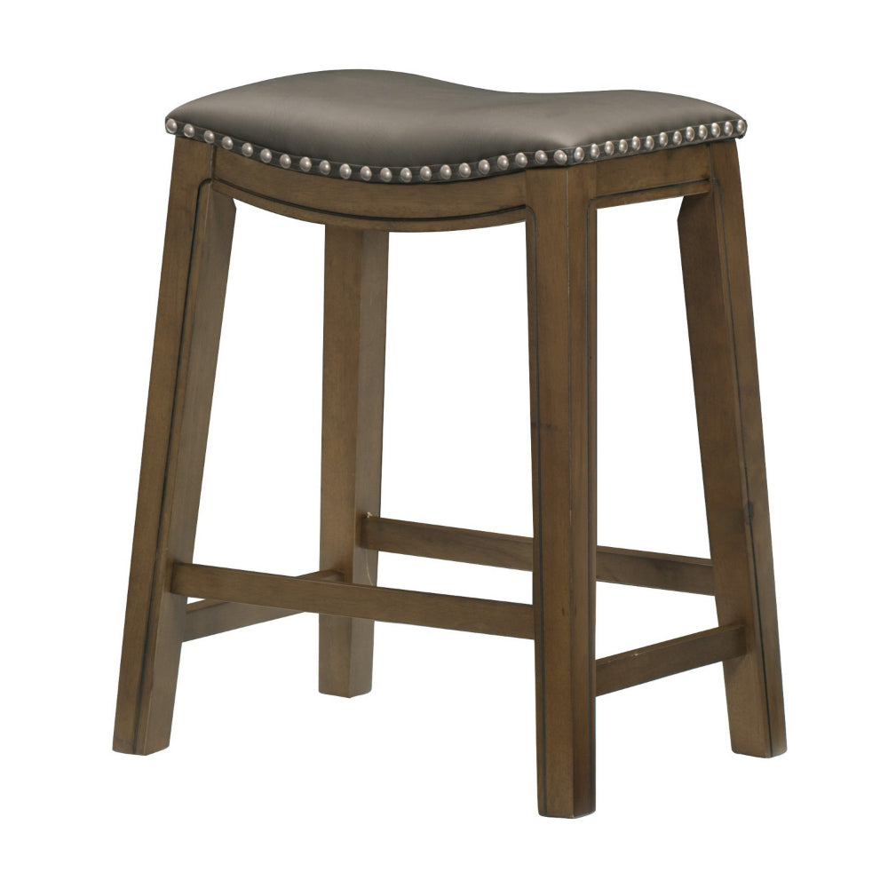 Benjara Miel 26 Inch Counter Height Stool, Gray Faux Leather Seat, Brown Solid Wood