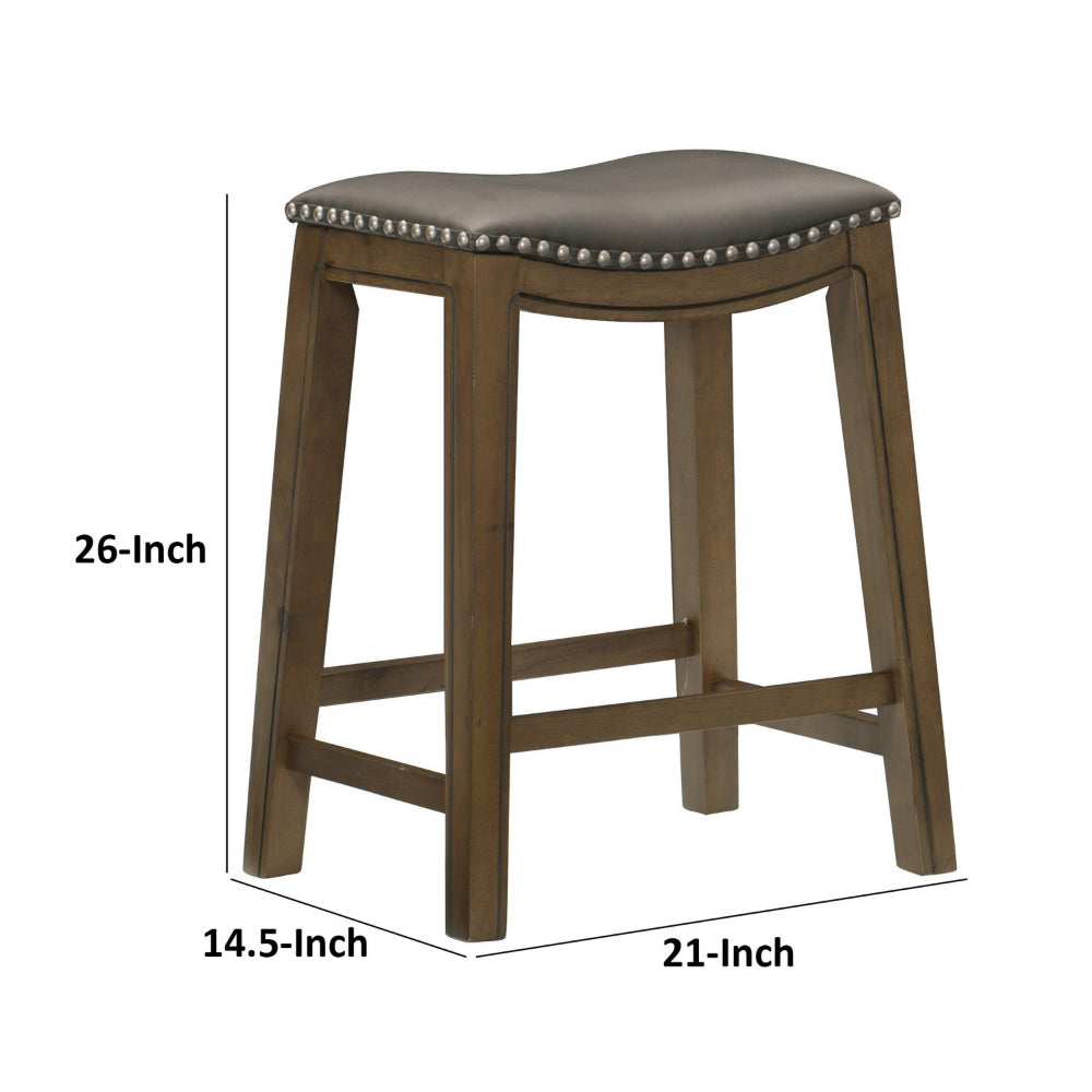 Benjara Miel 26 Inch Counter Height Stool, Gray Faux Leather Seat, Brown Solid Wood
