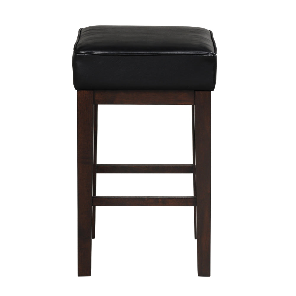 Benjara Vin 26 Inch Counter Height Stool, Black Faux Leather Seat, Dark Brown, Set of 2