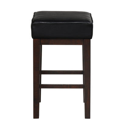Benjara Vin 26 Inch Counter Height Stool, Black Faux Leather Seat, Dark Brown, Set of 2
