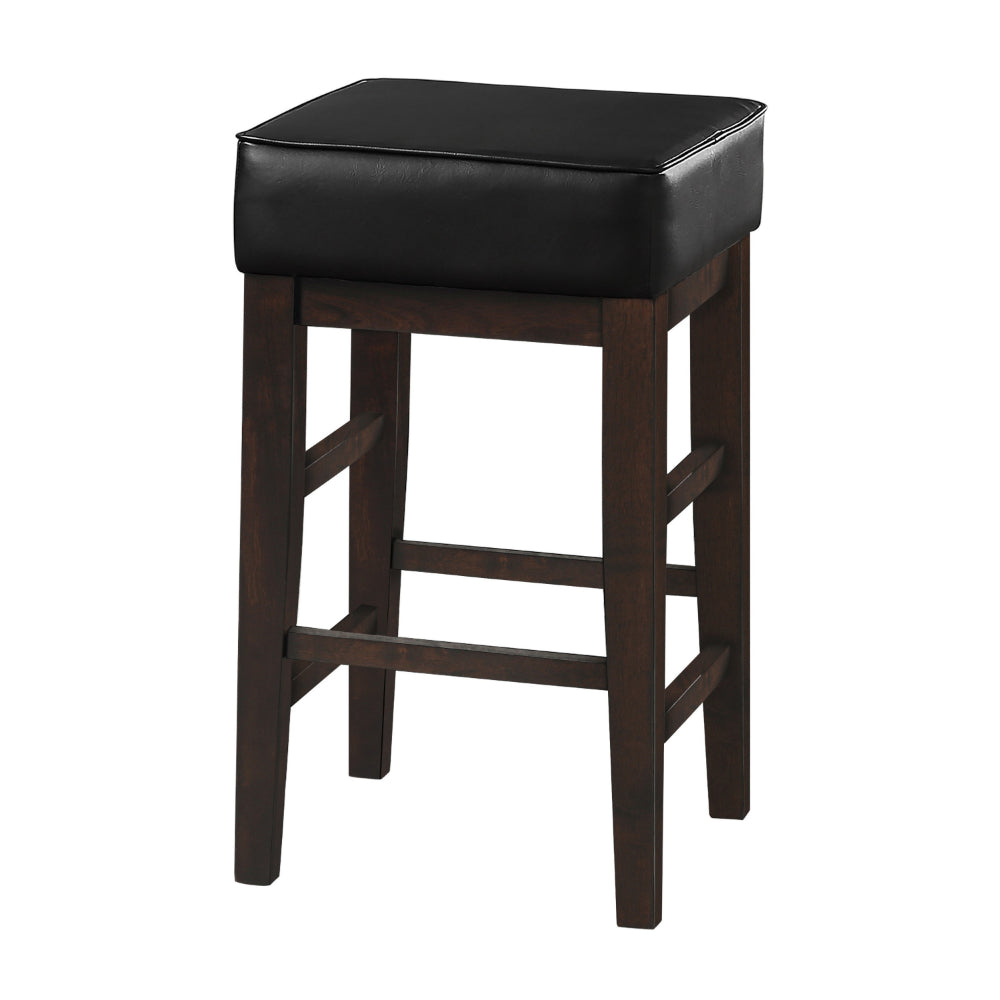 Benjara Vin 26 Inch Counter Height Stool, Black Faux Leather Seat, Dark Brown, Set of 2