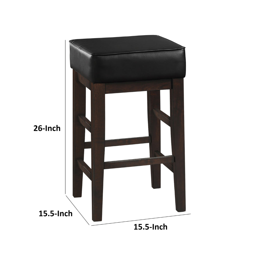 Benjara Vin 26 Inch Counter Height Stool, Black Faux Leather Seat, Dark Brown, Set of 2