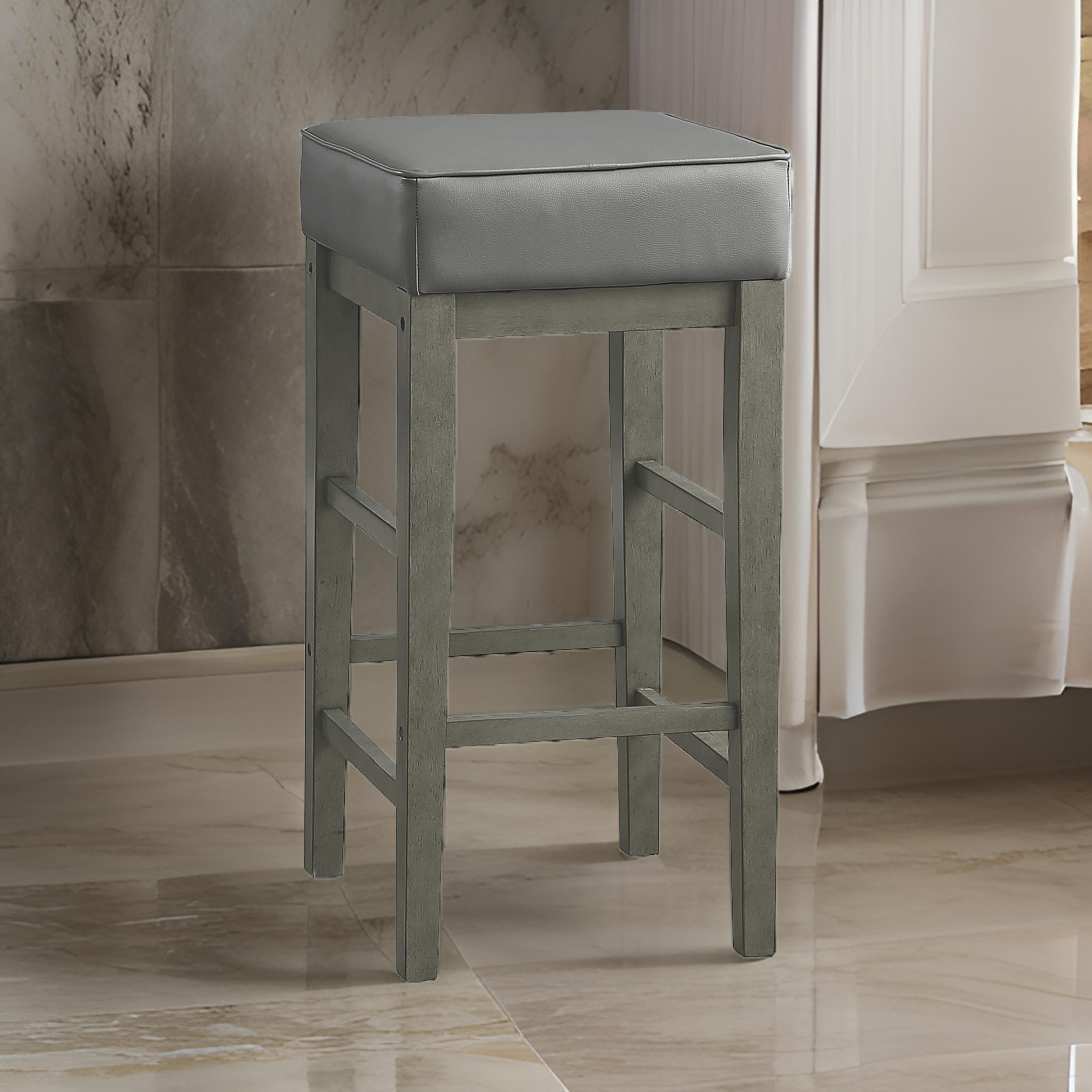 Benjara Vin 31 Inch Counter Height Stool, Gray Faux Leather Seat, Wood, Set of 2