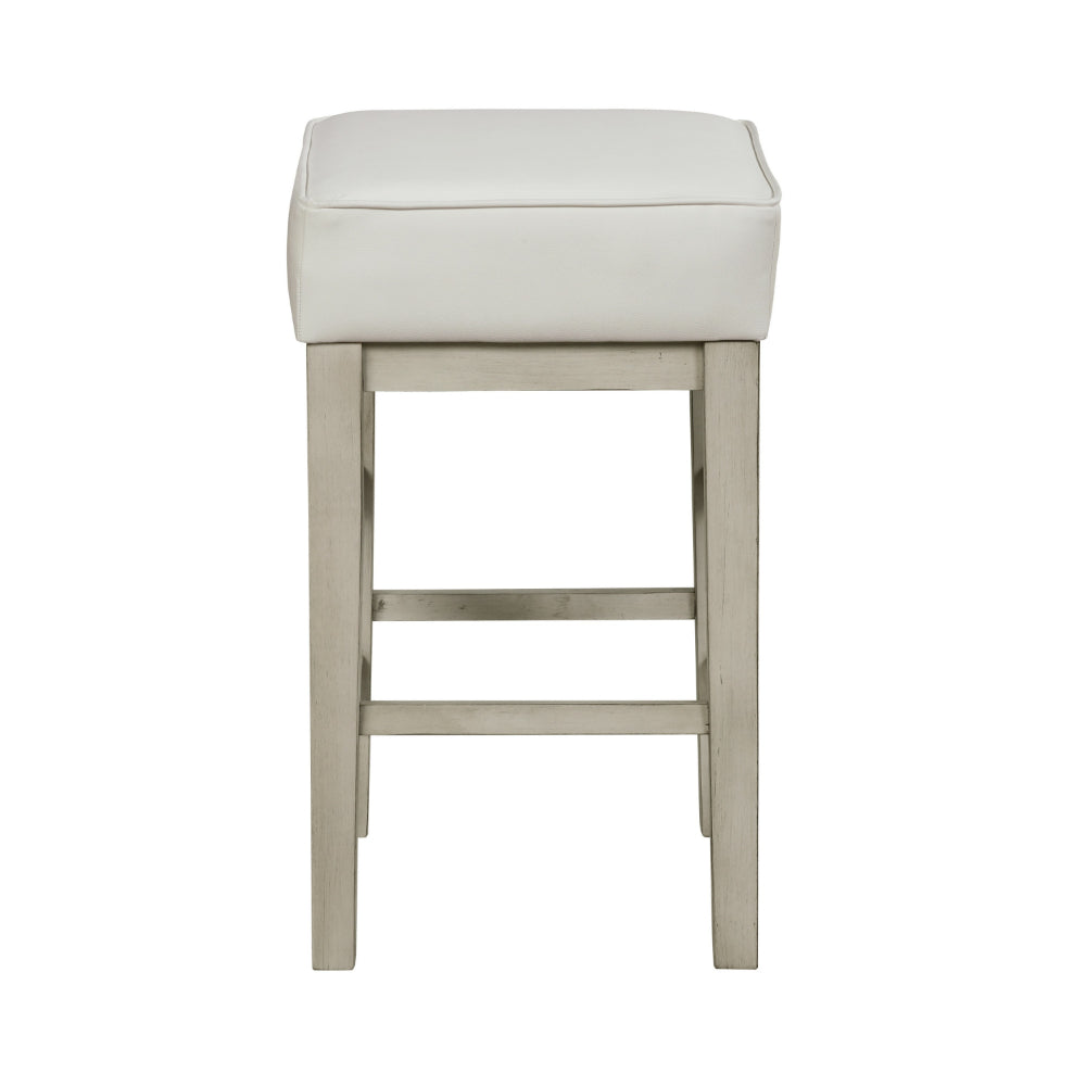 Benjara Vin 26 Inch Counter Height Stool, White Faux Leather Seat, Wood, Set of 2