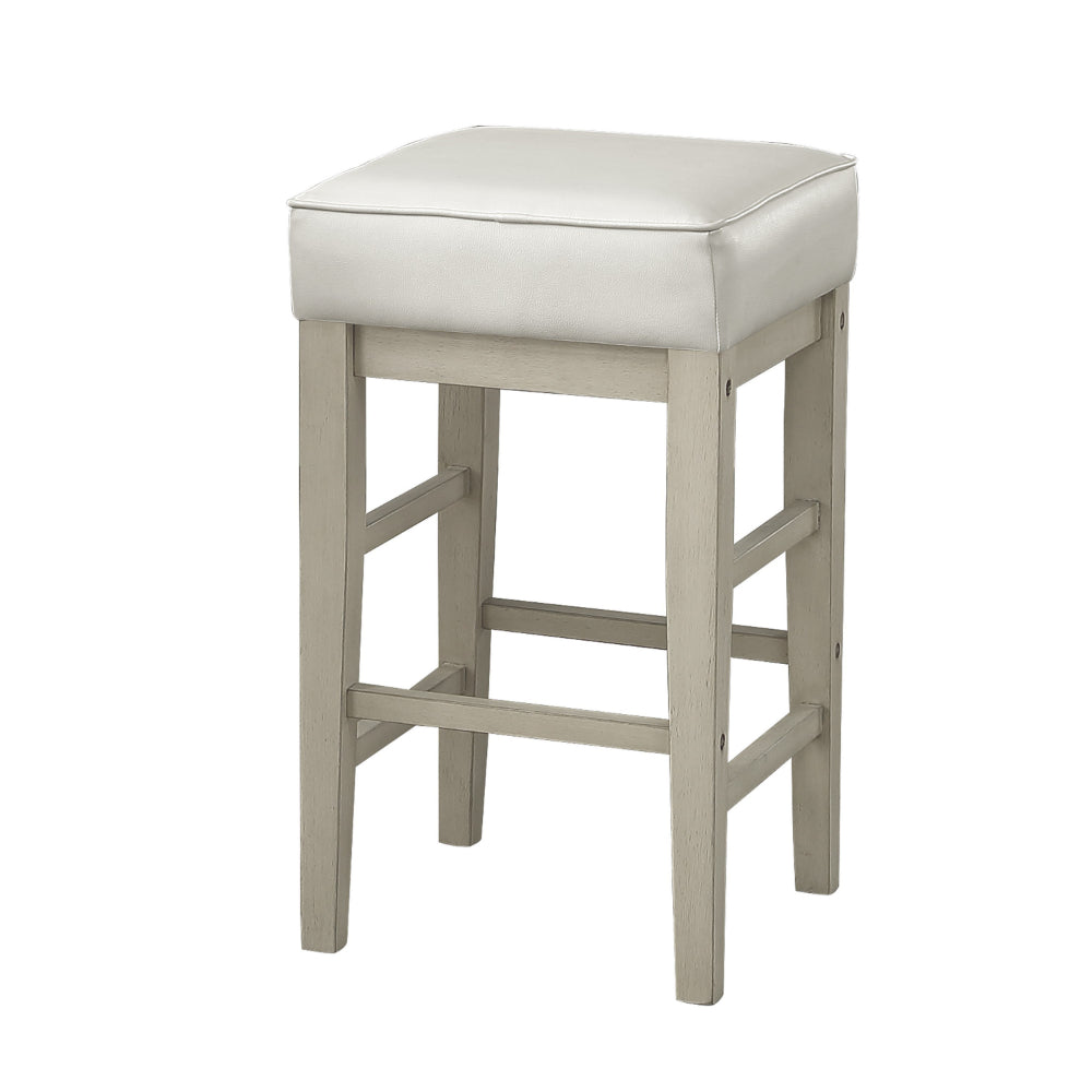 Benjara Vin 26 Inch Counter Height Stool, White Faux Leather Seat, Wood, Set of 2
