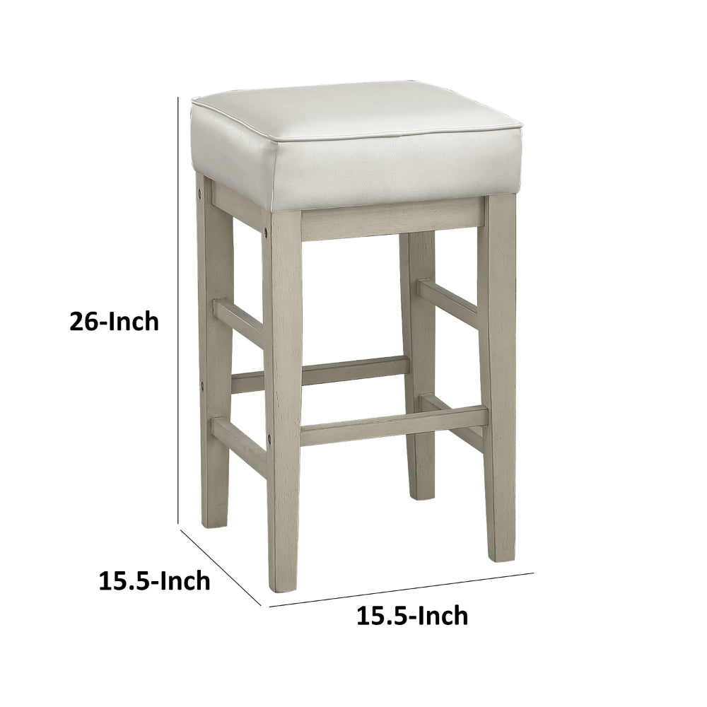 Benjara Vin 26 Inch Counter Height Stool, White Faux Leather Seat, Wood, Set of 2